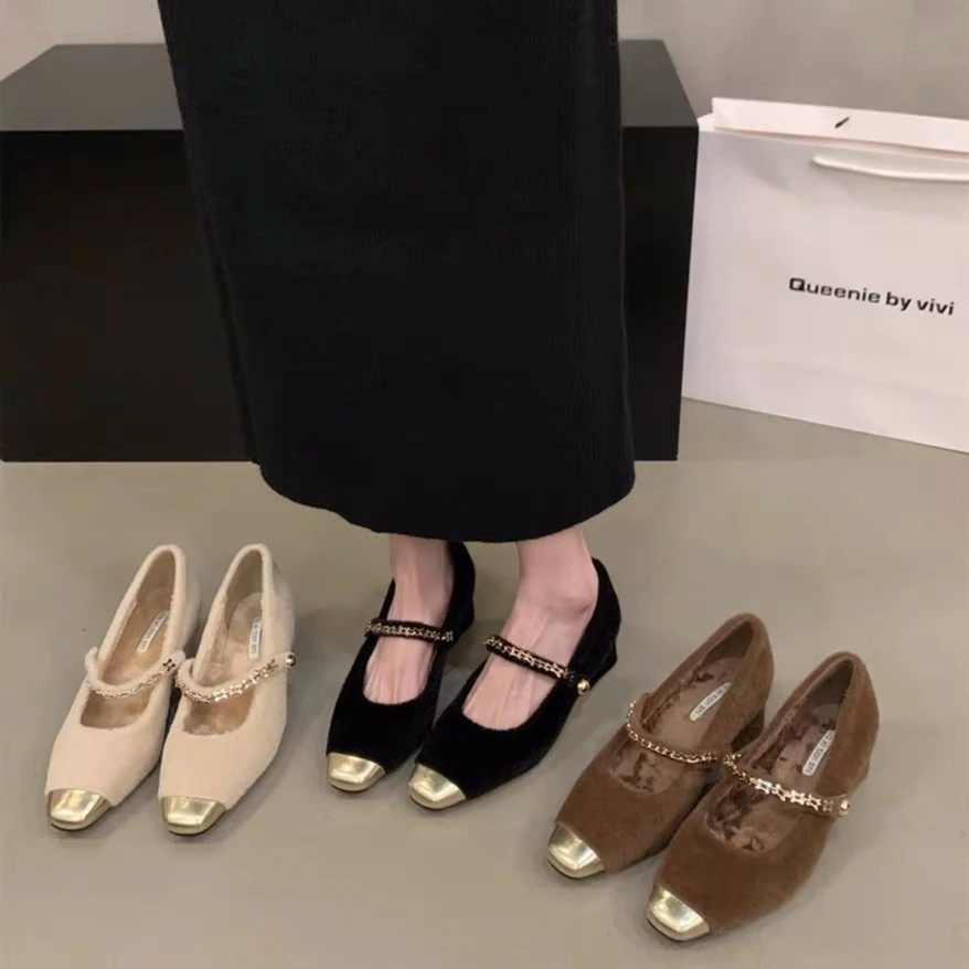 春秋法式赫本风金属链玛丽珍粗跟高跟鞋666-29