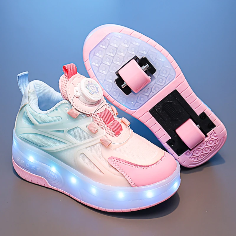 小黄鸭状元女童新款暴走男孩滑轮鞋网红闪灯溜冰儿童运动鞋可走路