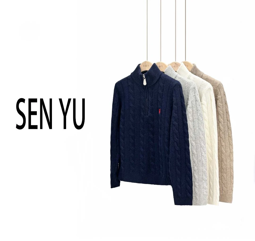 SENYU【半高领拉链】百搭休闲纯羊绒绞花针织上衣