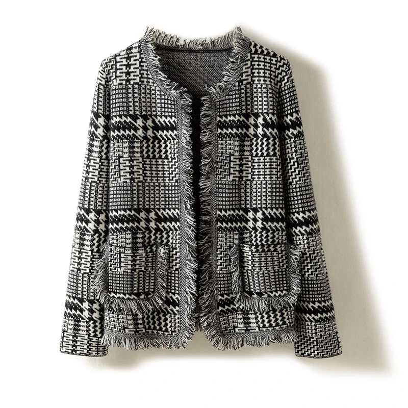 春秋新款女小香风纯羊毛开衫外套上衣针织千鸟格重工休闲开衫