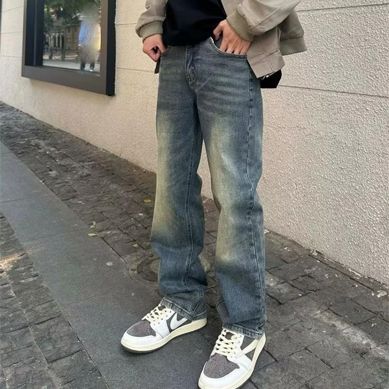 水洗做旧蓝色美式牛仔裤高街复古男女显瘦宽松潮流百搭直筒裤ins