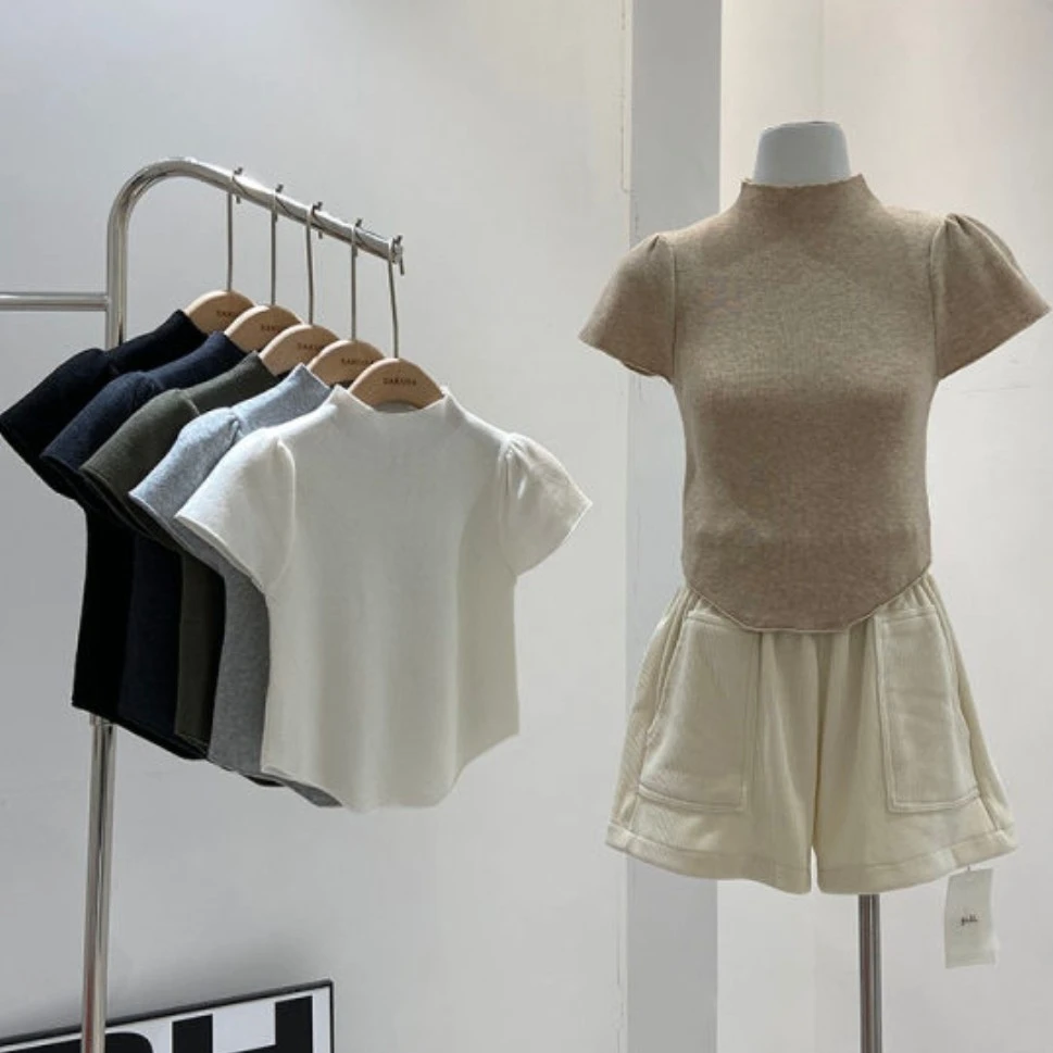 不规则半高领打底衫女上衣秋季新款韩版修身短袖针织衫百搭纯色