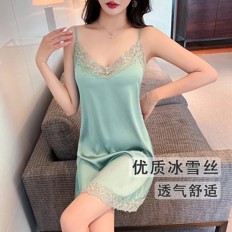夏季冰丝吊带睡衣女性感V领蕾丝凉感透气睡裙优质2025新款家居服