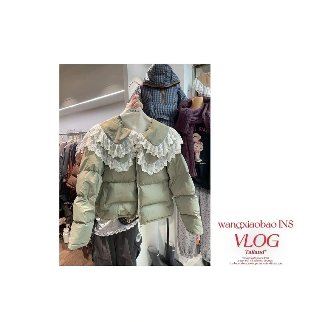 韩国ins时尚拼接双层领花边小胖鸭外套（不可以机洗）