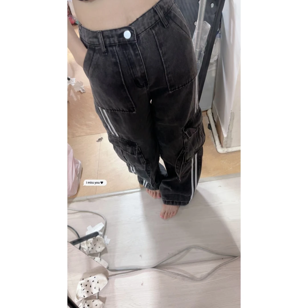 欧货工装拼接织带牛仔裤