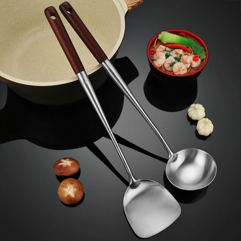 新疆包邮食品级不锈钢木手柄加长40厘米铲子勺子两件套