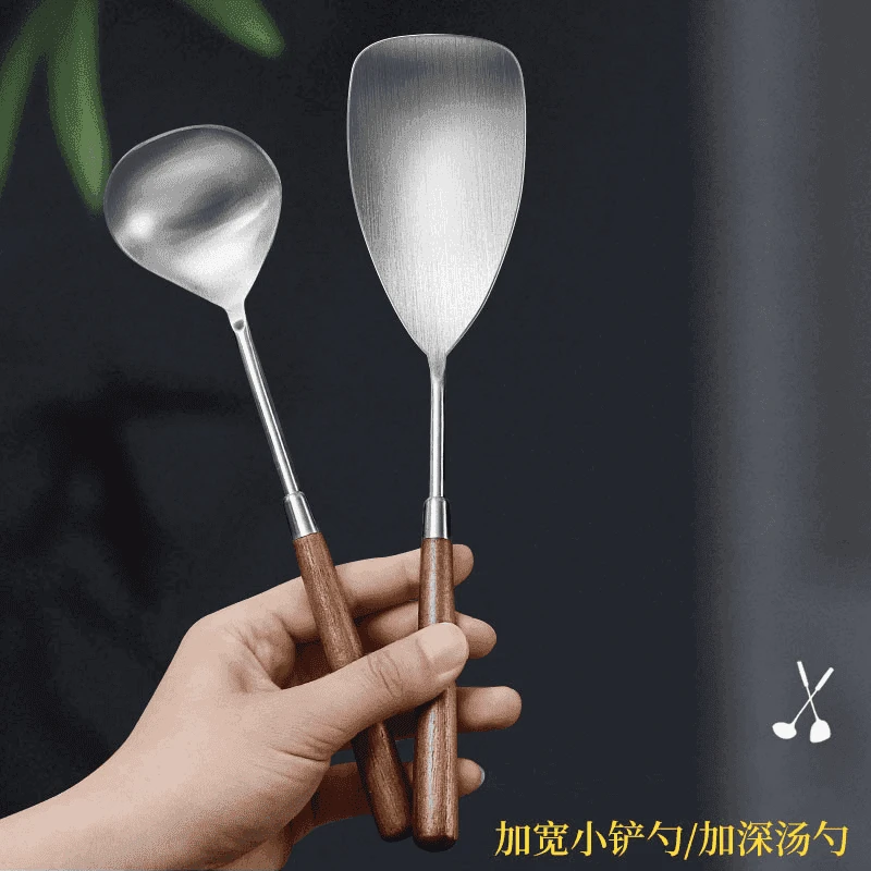 家用不锈钢锅铲汤勺 炒菜必备厨房锅铲仿木柄不粘锅x