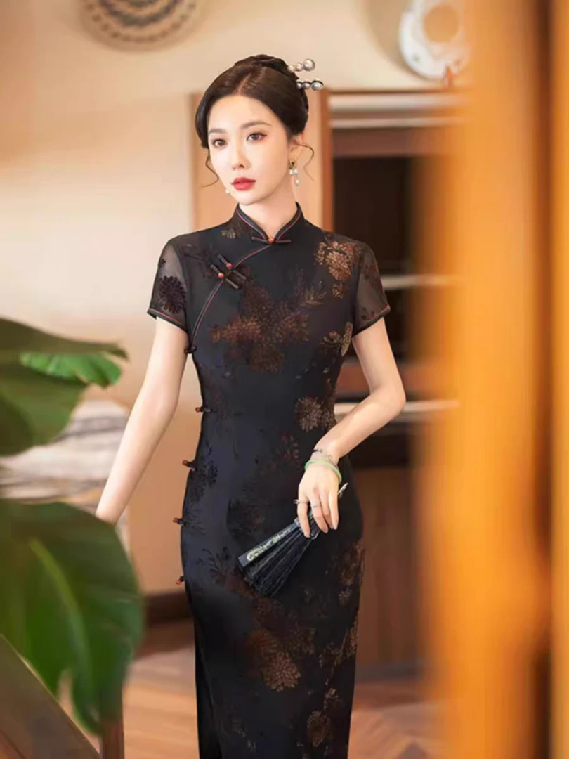 998高档中长款植绒旗袍黑色中国风老上海日常夏季装短袖日常礼服