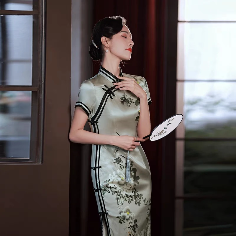 126-时尚改良开叉桑蚕丝印花旗袍中长款复古短袖双层真丝连衣裙