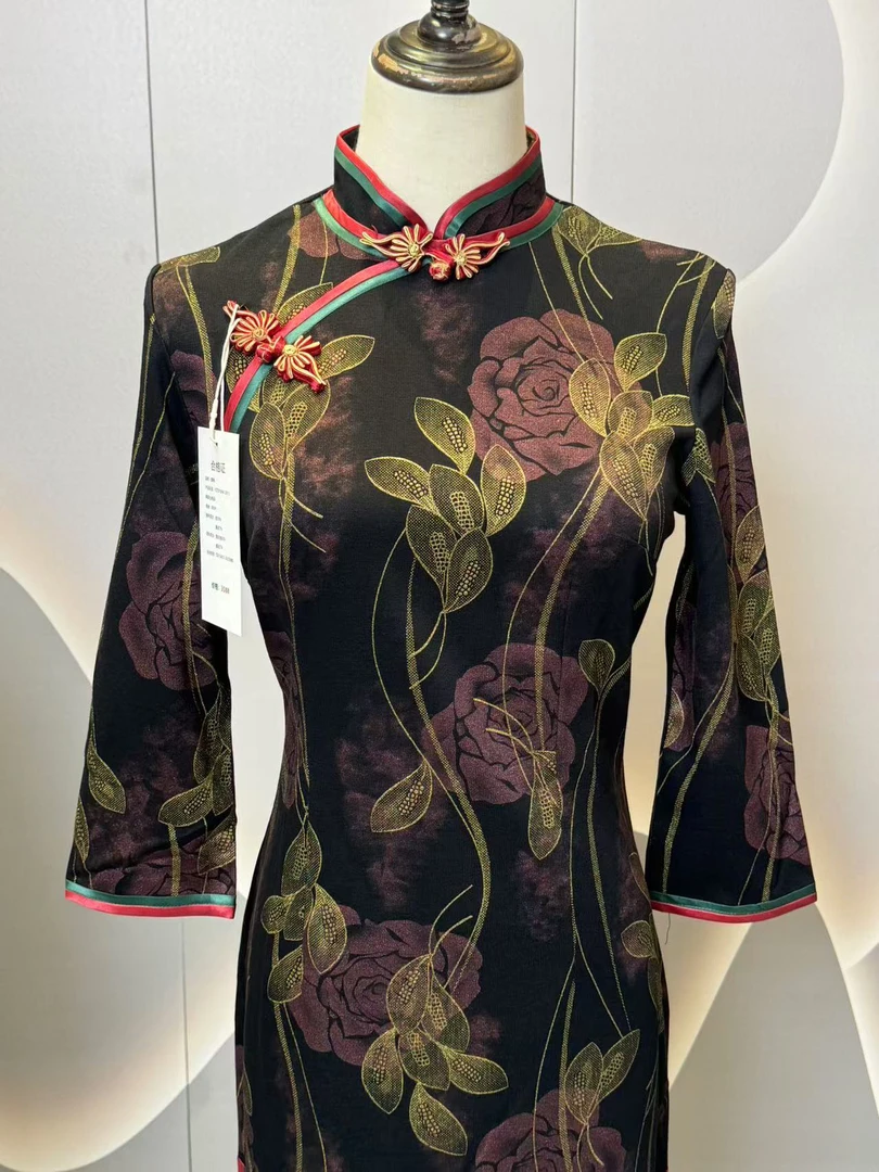 8282老上海复古民族风长款宽边旗袍秋春款连衣裙旗袍