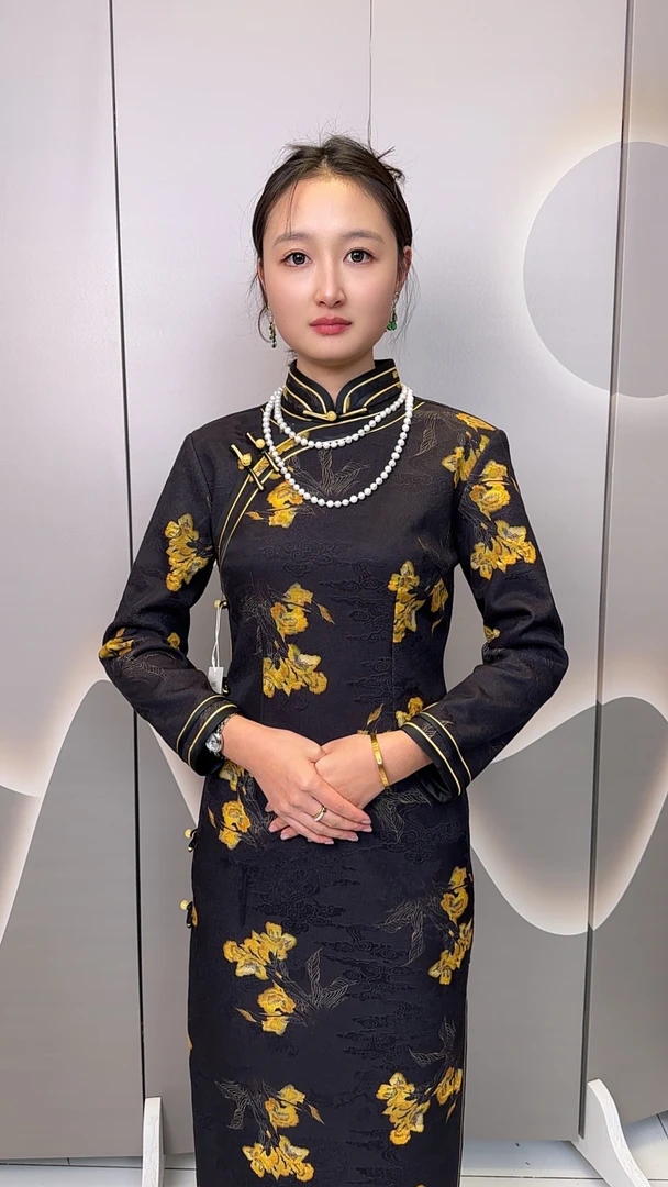 8318黑底黄花单层背后拉链复古中式长款旗袍优雅日常显瘦连衣裙