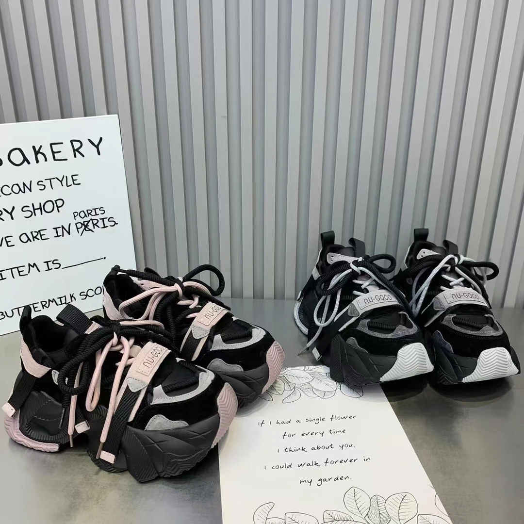 韩版气球底皮面拼色老爹鞋ins潮女2024秋新款时尚百搭厚底休闲鞋