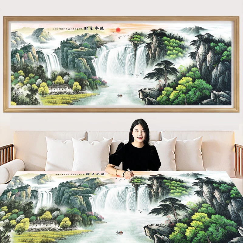 流水生财十字绣2024新款线绣客厅自己绣简单风景山水大幅