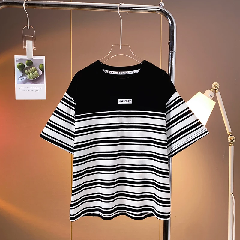 男童大童夏季时尚条纹印花上衣儿童宽松休闲短袖T恤潮DF-短T0666