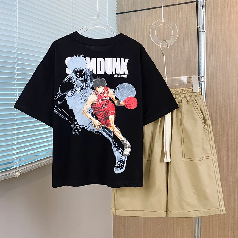 a男童大童时尚夏季卡通印花短袖休闲运动宽松短裤套装DF-套装0891