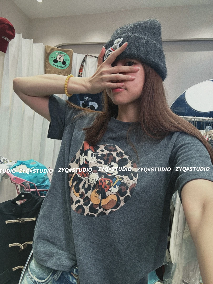 【3631】韩标！（磨毛）深灰豹纹米奇短袖