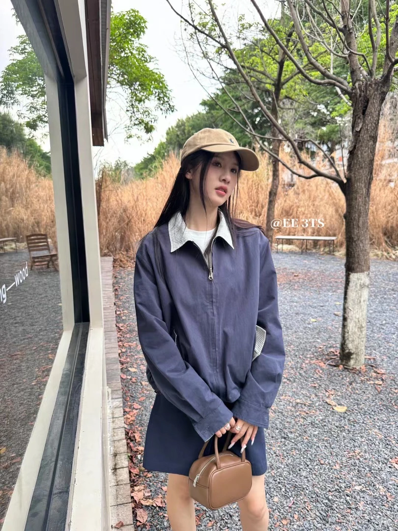 2024秋季新款复古翻领条纹夹克双面穿宽松长袖短外套上衣女