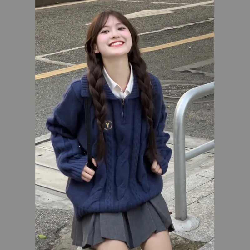 G159藏蓝色polo领麻花毛衣女秋冬秋翻领慵懒风宽松oversize上衣