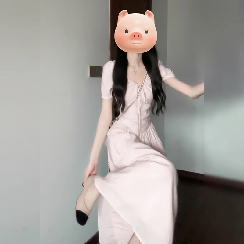 2945茶歇粉色连衣裙子2024新款夏季女气质轻熟风仙女收腰显瘦长裙