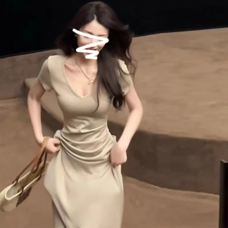 1892法式气质V领连衣裙子女夏季2024新款显瘦高级感纯欲性感长裙