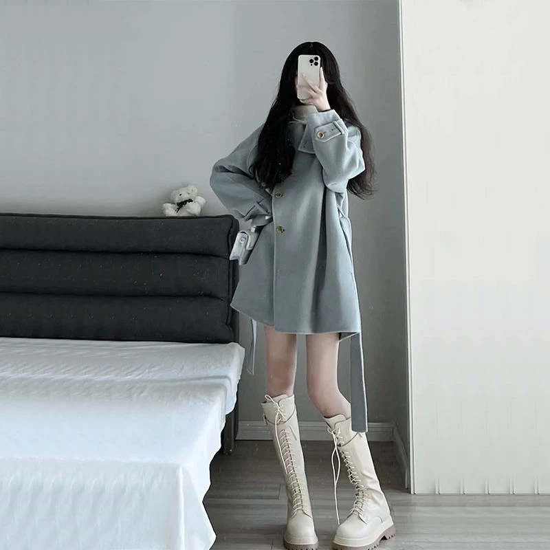 G105韩版学院风赫本风雾霾蓝呢子大衣休闲显瘦百搭女外套秋冬新款