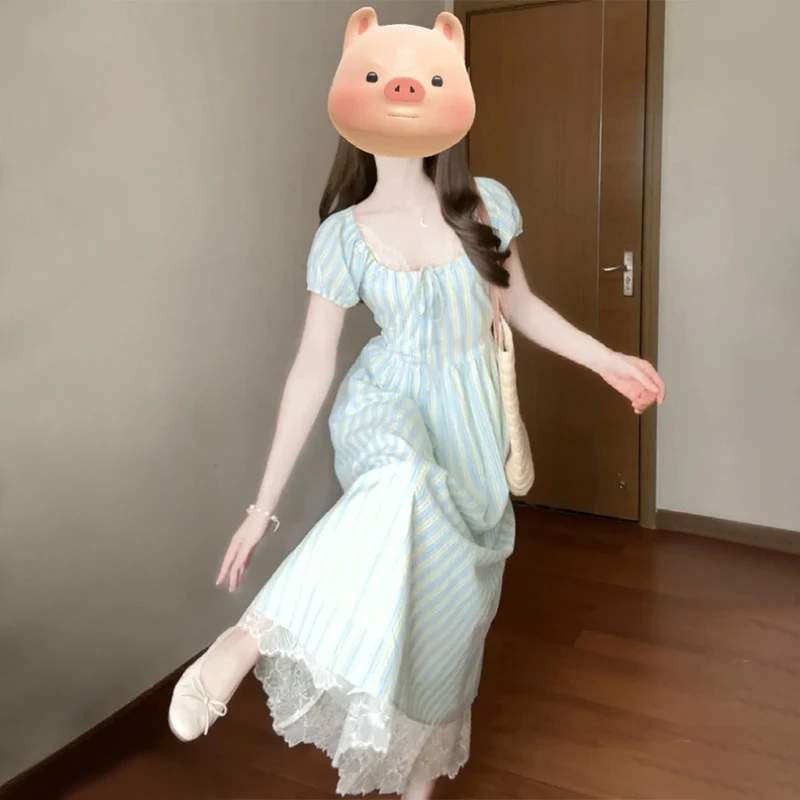 3842条纹连衣裙子女夏季2024年新款高级感收腰显瘦大方得体长裙