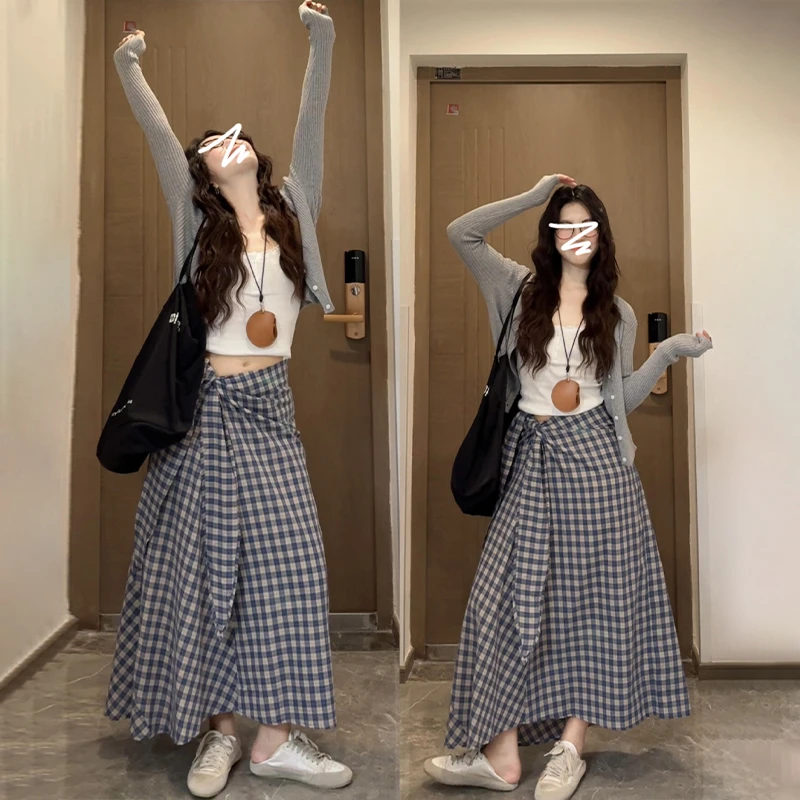 5346法式灰色针织长袖连衣裙子女早秋季2024年新款小个子气质长裙