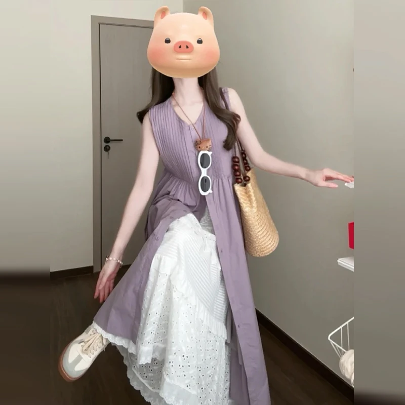 4170紫色无袖背心连衣裙子女夏季2024新款法式气质海边度假长裙
