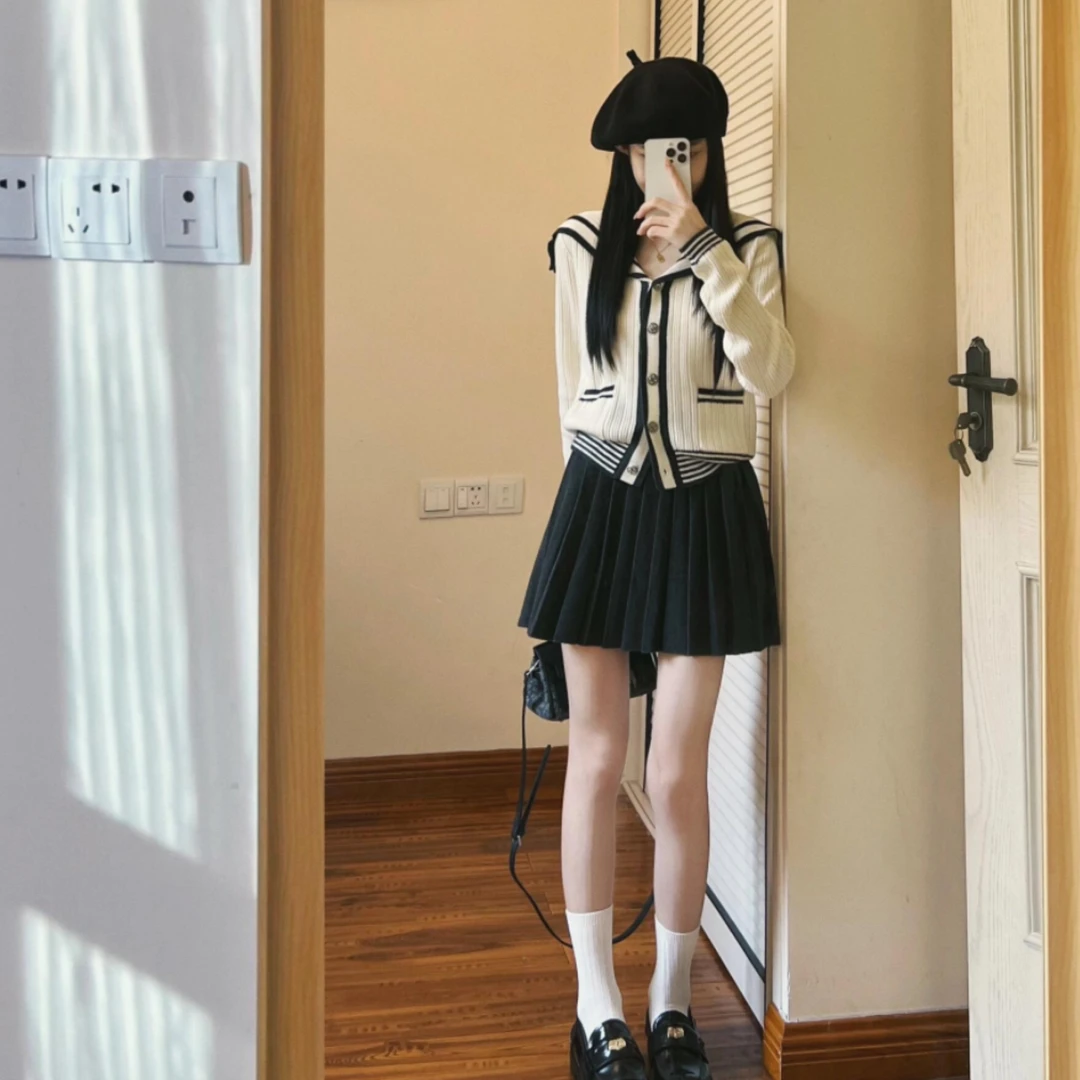 初秋通勤穿搭小香学院风海军领针织开衫毛衣外套女秋冬款长袖上衣