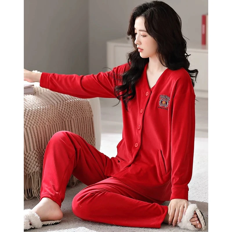 睡衣女士秋冬新款珊瑚绒加厚加绒海岛绒保暖家居服本命年红色套装