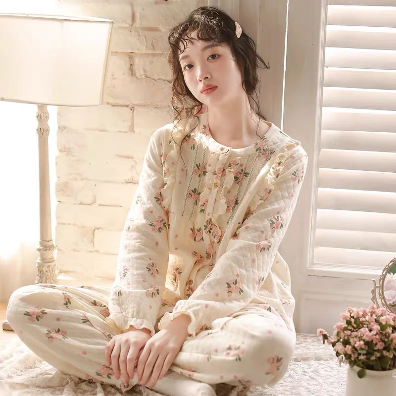 2023年新款睡衣女秋冬季三层加厚空气棉甜美舒适家居服套装
