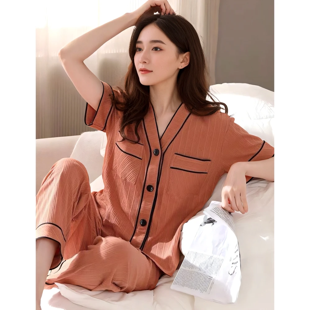 睡衣女夏季纯棉短袖长裤新款全棉薄款夏天夏款大码家居服套装