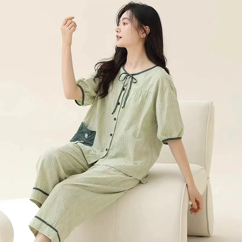 新款纯棉睡衣女套装夏季薄款短袖七分裤女式全棉开衫圆点家居服
