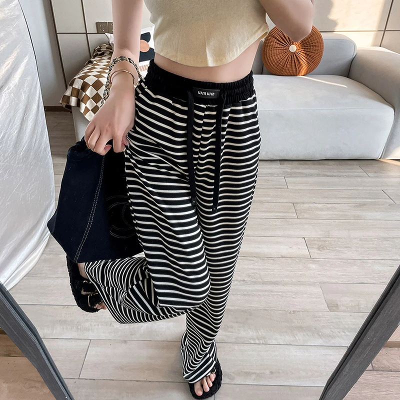 黑白条纹阔腿裤女2025秋季新款小个子休闲裤高腰宽松显瘦直筒裤