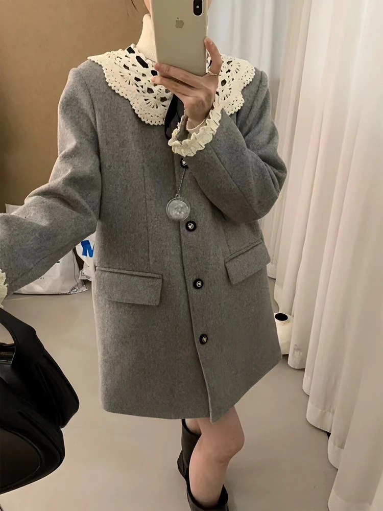 娃娃领可拆卸洋气时尚气质甜妹冬季高级感中长款毛呢外套百搭韩版