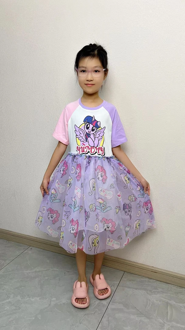 夏季新款女童韩版时尚网纱公主裙拼接袖撞色三层纱洋气连衣裙3388