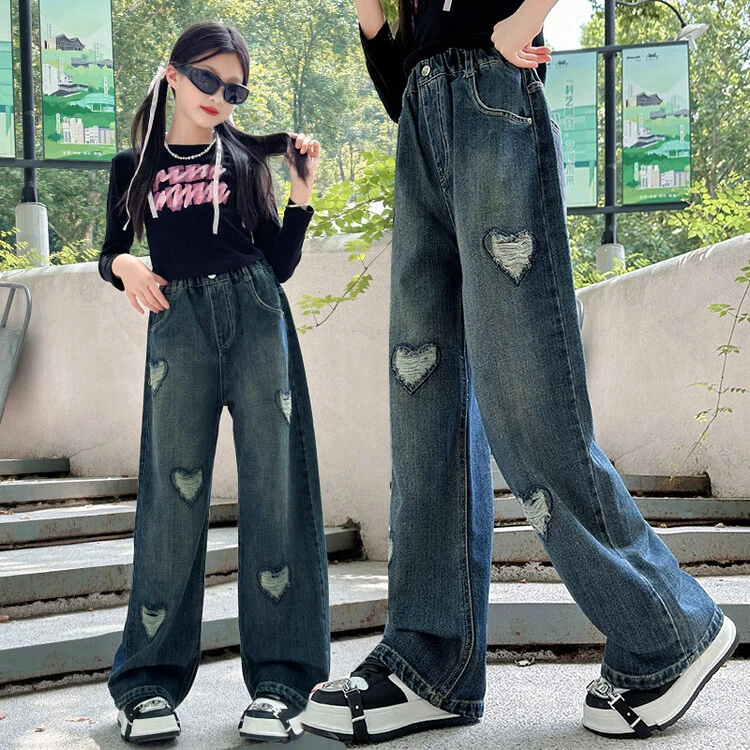 女童破洞爱心牛仔裤春秋款中大童洋气时髦直筒阔腿裤休闲长裤秋装