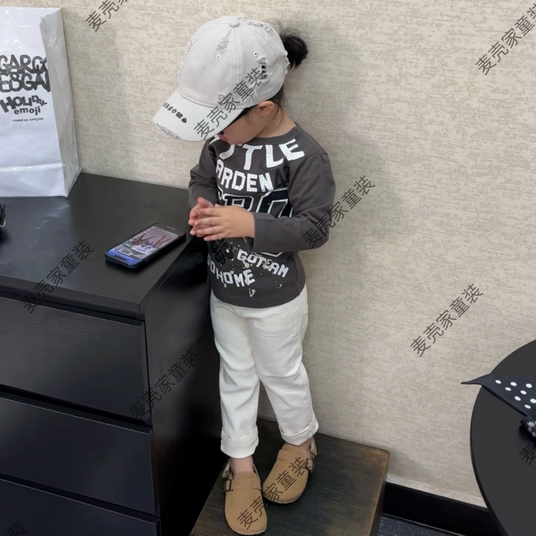 Kk . 儿童秋季新款中古定制裂纹印花字母长袖T恤