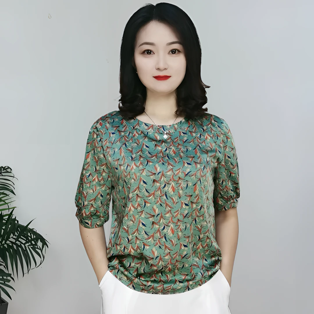 【8801】中老年夏季显瘦百搭碎花圆领宽松气质衬衫