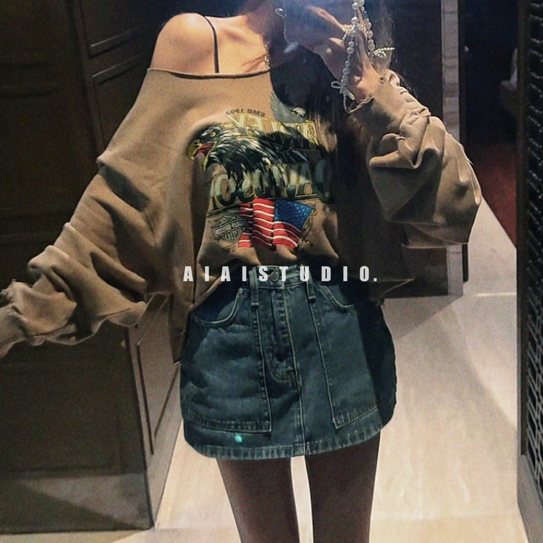 清仓不退换AIAI【韩品卫衣】破洞休闲宽松卫衣露肩上衣女秋