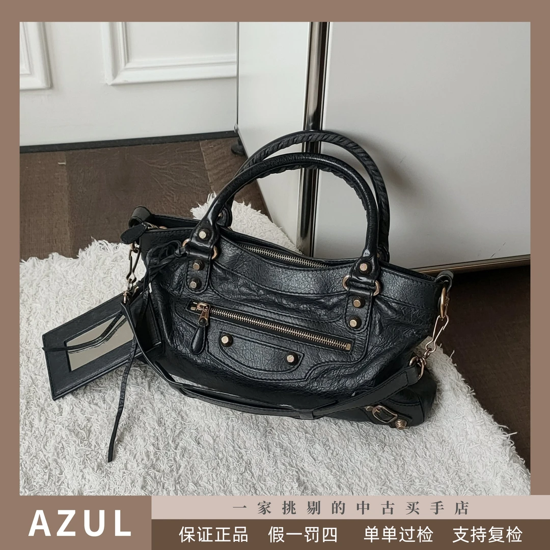 95新 Balenciaga/巴黎世家 Azul- 黑金羊皮金钉机车 手提包 33349
