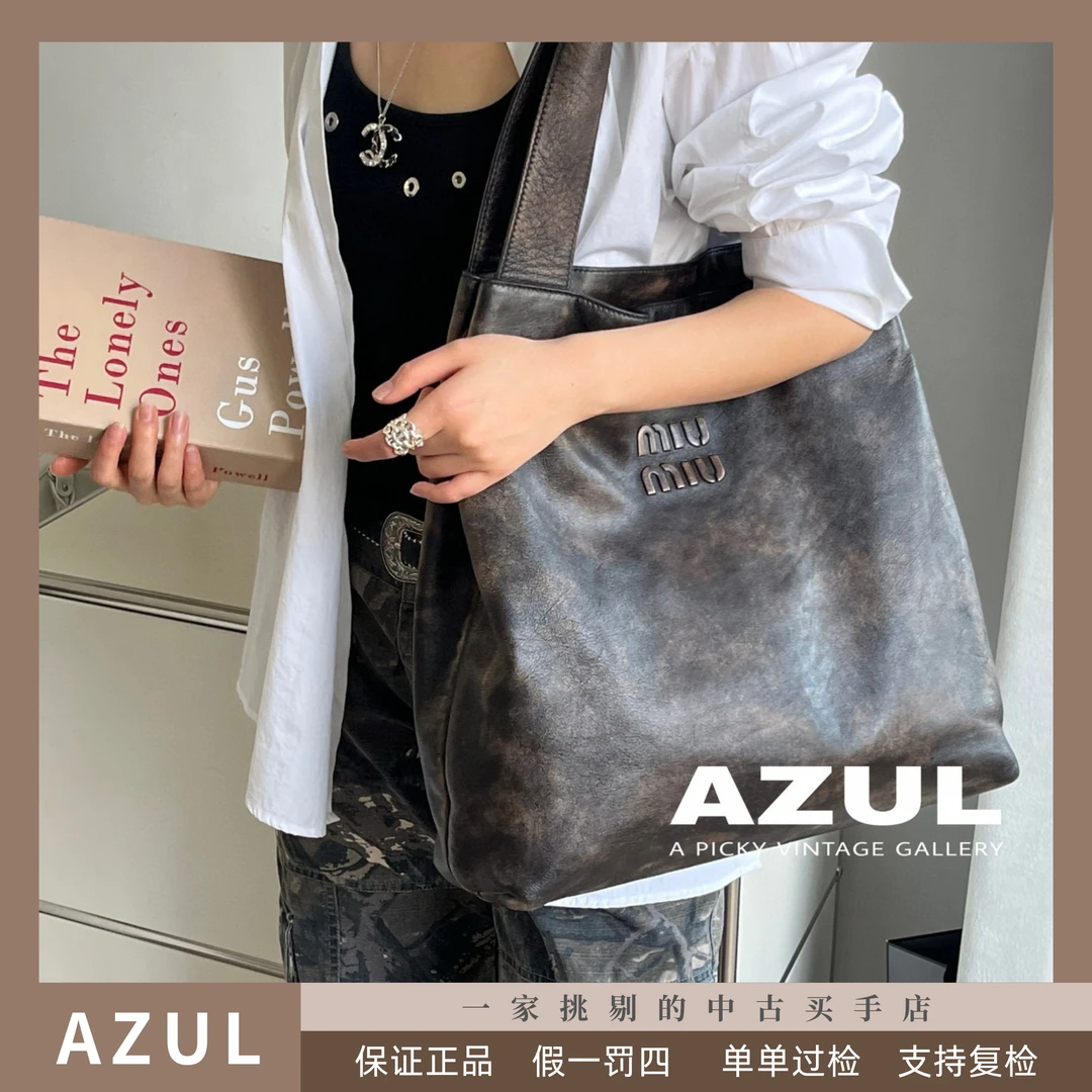 Azul-全新未使用 MIU MIU/缪缪 在途-做旧款羊皮tote单肩包31384