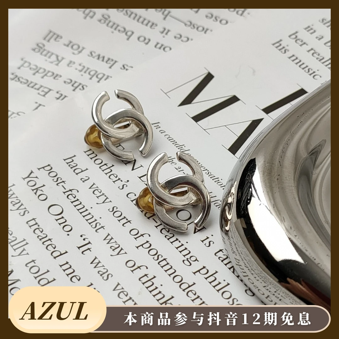 Azul-95新 Chanel/香奈儿 亮银色双C耳夹13742气质网红轻奢