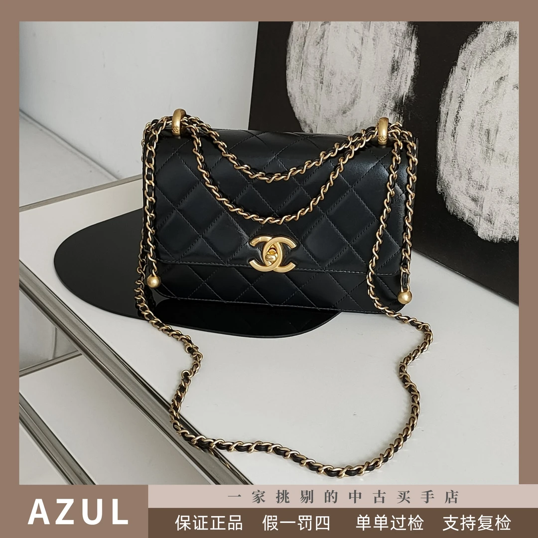 99新 Chanel/香奈儿 Azul-21A黑色牛皮双金珠22cm链条包31520时尚