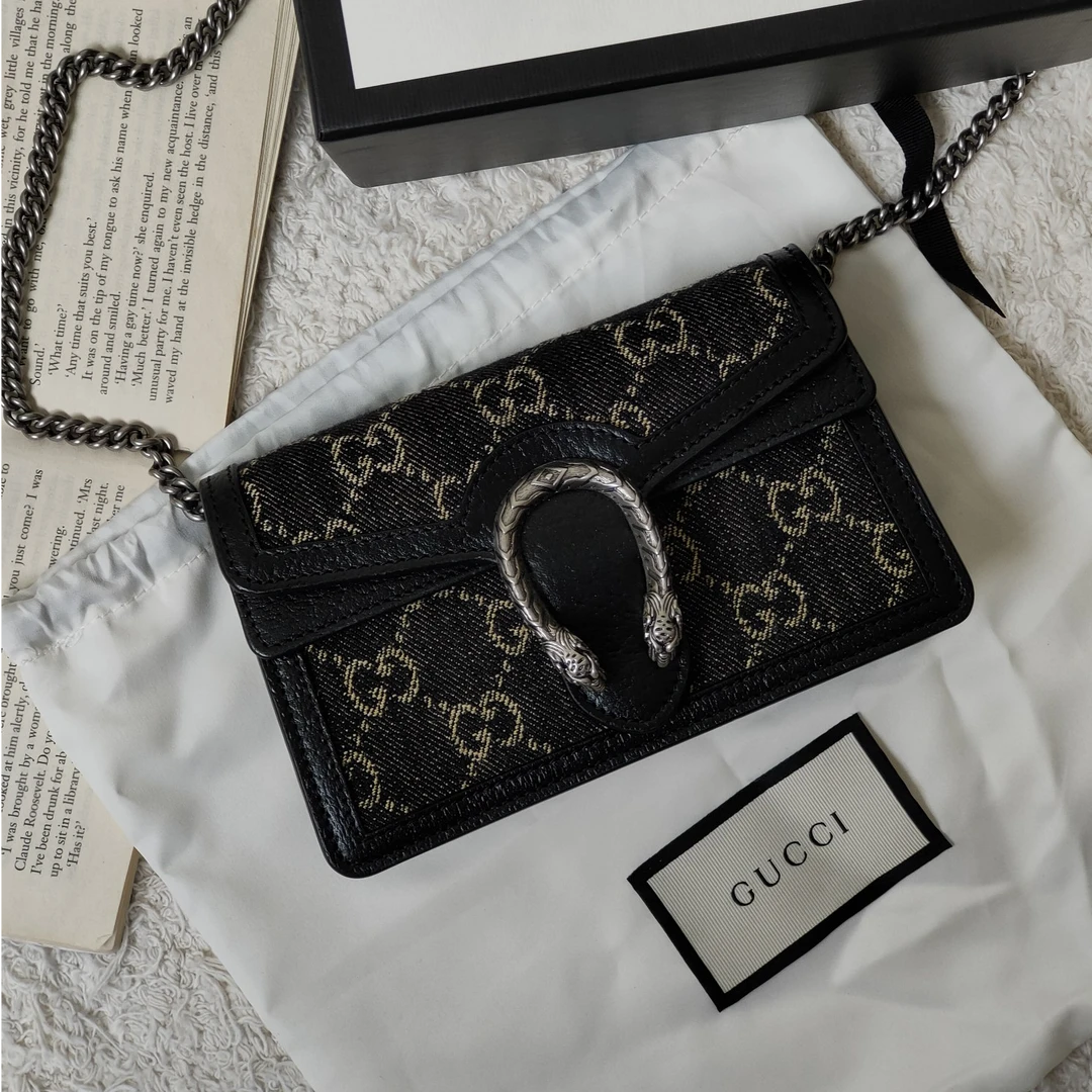 99新 GUCCI/古驰 AZUL- 黑牛仔拼皮supermini酒神斜挎包34384时尚