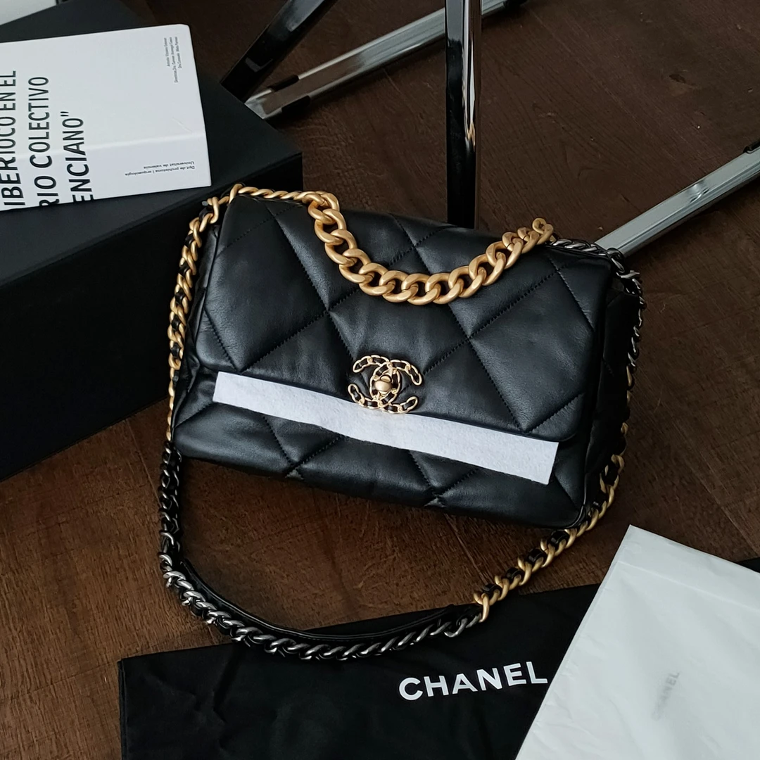99新 Chanel/香奈儿 AZUL-芯片款黑金羊皮19bag中号单肩包34380