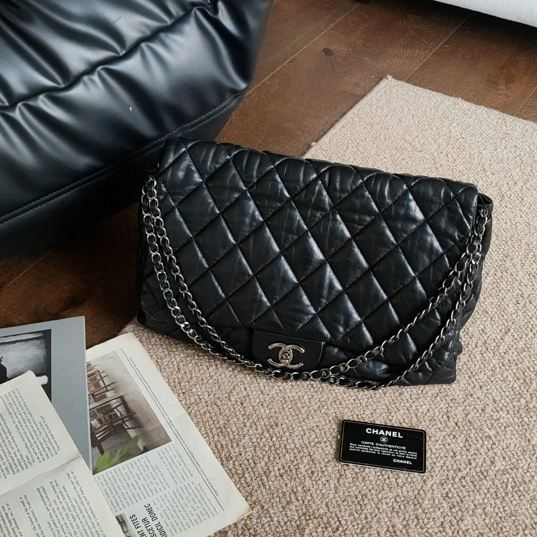 95新 Chanel/香奈儿 Azul - 黑银羊皮cf风琴机场单肩包 36885时尚