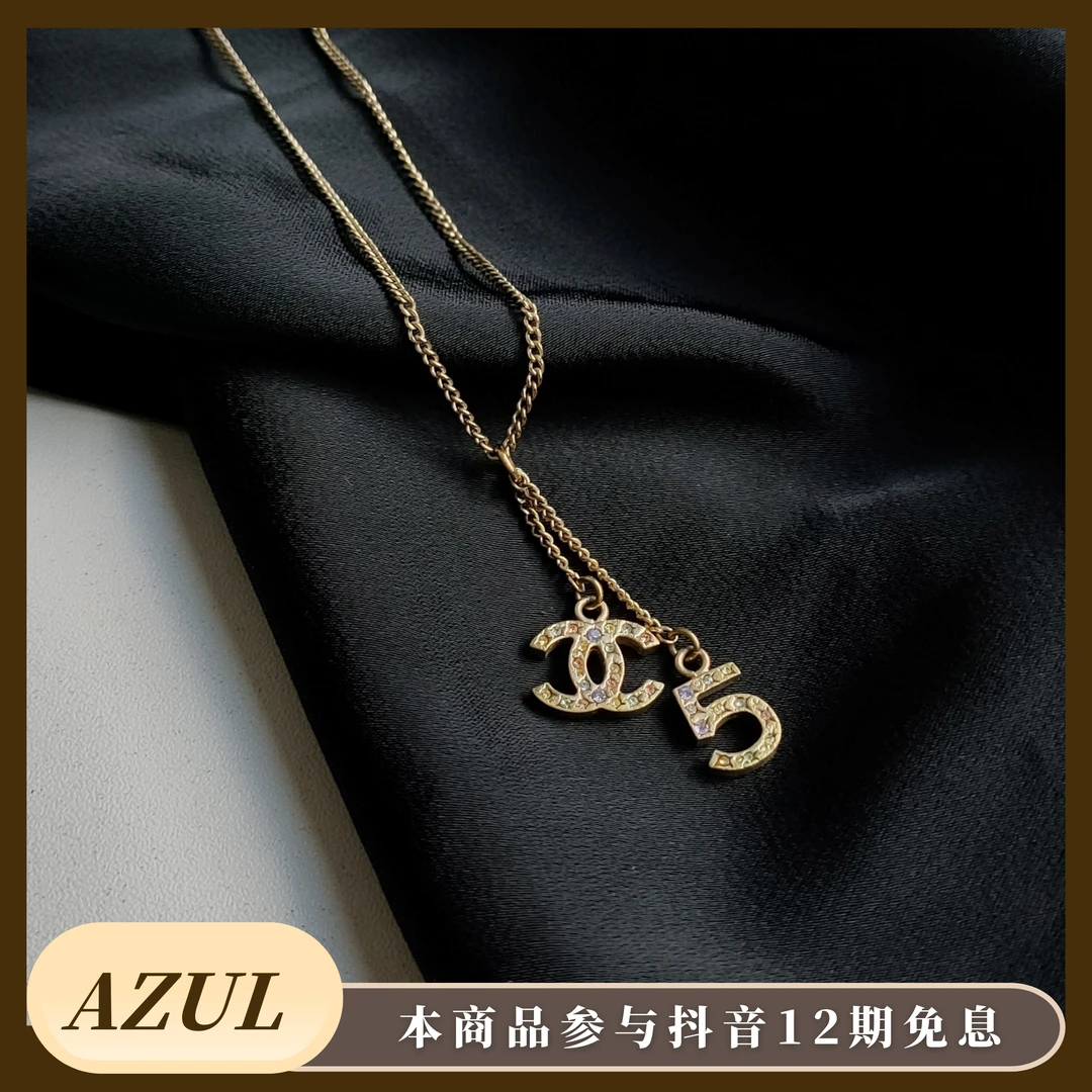 99新 Chanel/香奈儿 免息Y-金色彩钻五号双C吊坠项链31352时尚百