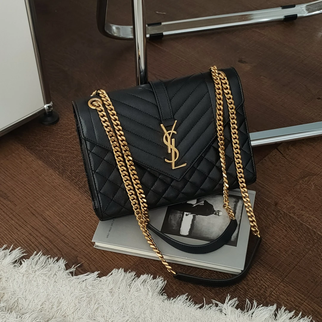 95新 YSL/圣罗兰 Azul-黑金荔枝皮envelope中号单肩包 34139