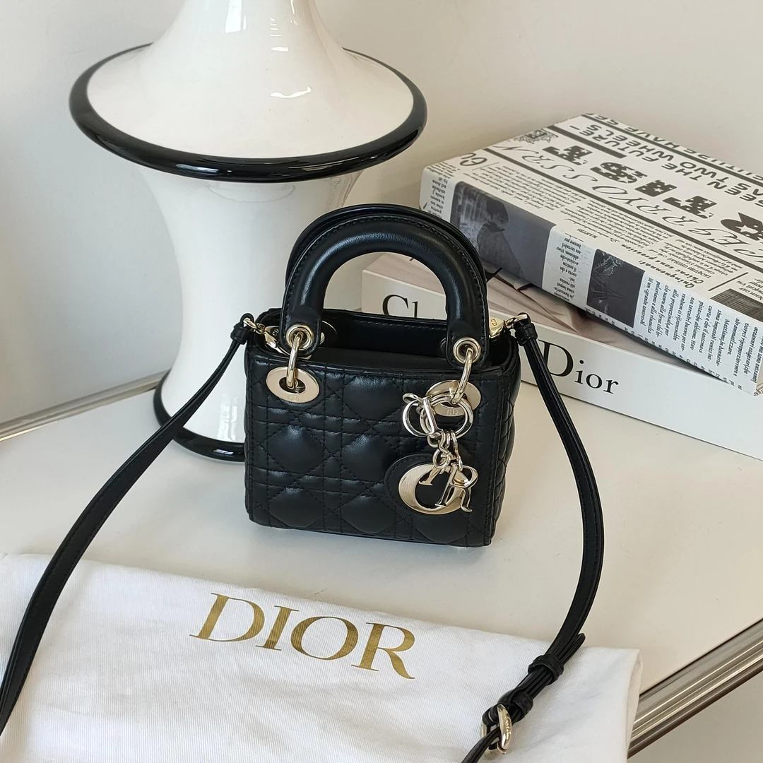 95新 DIOR/迪奥 Azul- 黑金羊皮三格戴妃mini手提斜挎包36911气质